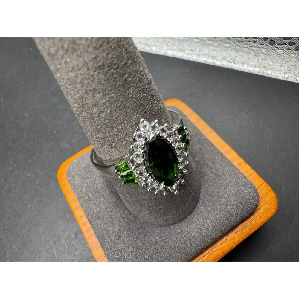 Vintage 925 Sterling Silver Ring Diopside Gemstone Zircon Cocktail Ring Sz 10